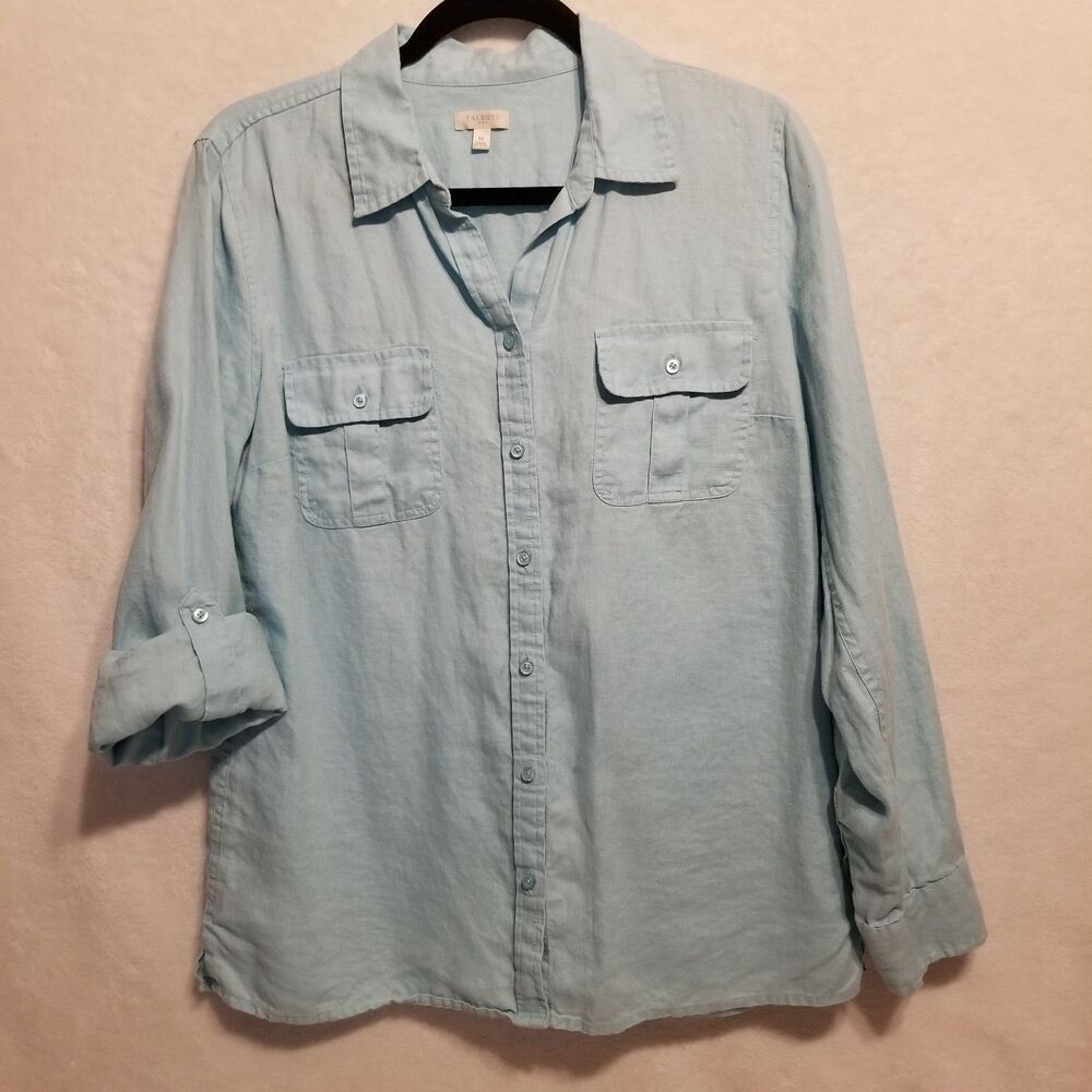 Talbots M Top Blue Linen Roll Tab Sleeve Button Front Pockets Lagenlook Coastal